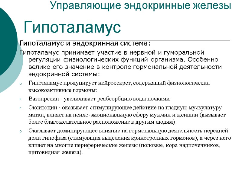 Управляющие эндокринные железы Гипоталамус и эндокринная система: Гипоталамус принимает участие в нервной и гуморальной